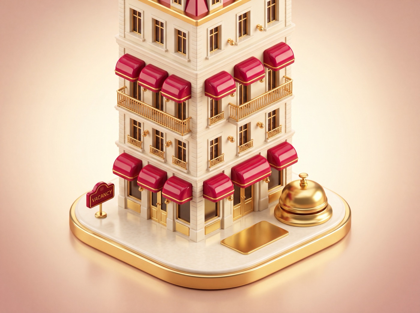 Cream boutique hotel with crimson awnings, gold bell and key card — NoRooms hotel booking app