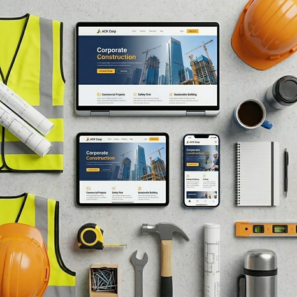 ACK Corp architecture and construction website shown across a laptop, tablet and phone