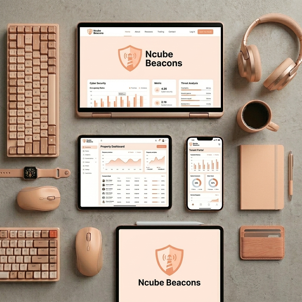 Ncube Beacons technology company website shown across a laptop, tablet and phone