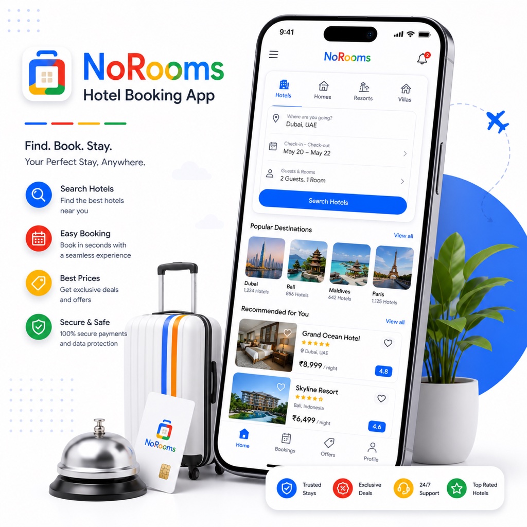 NoRooms — Hotel Booking App — product screen by MoksFix